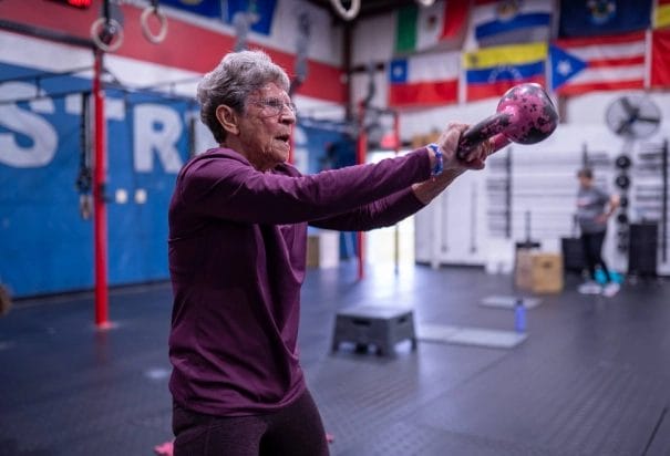 old lady with kettlebell